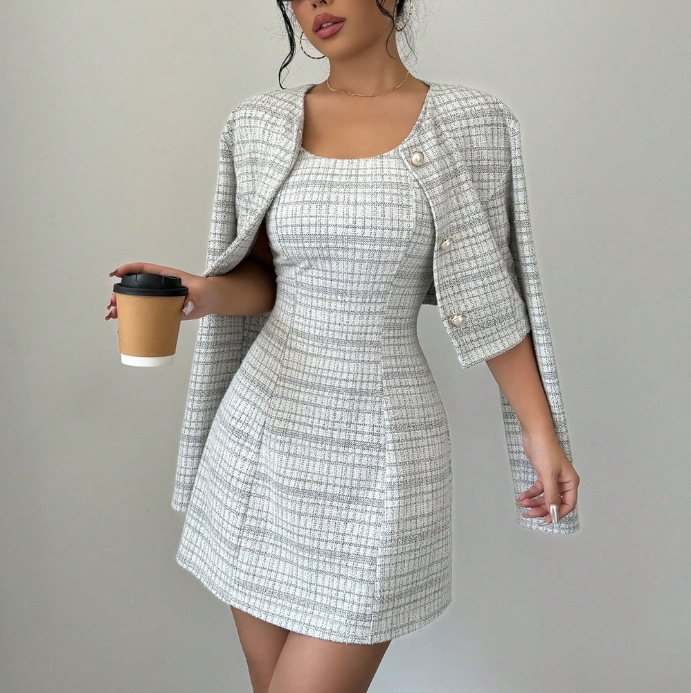 2pcs Women's Spring Autumn Elegant Plaid Short Jacket And Sleevele - Picture 6 of 6